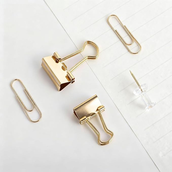 Cute Office Supplies Gold, Paper Clips, Binder Clips and Push Pins Set, Paper Organizer Clips with Storage Box