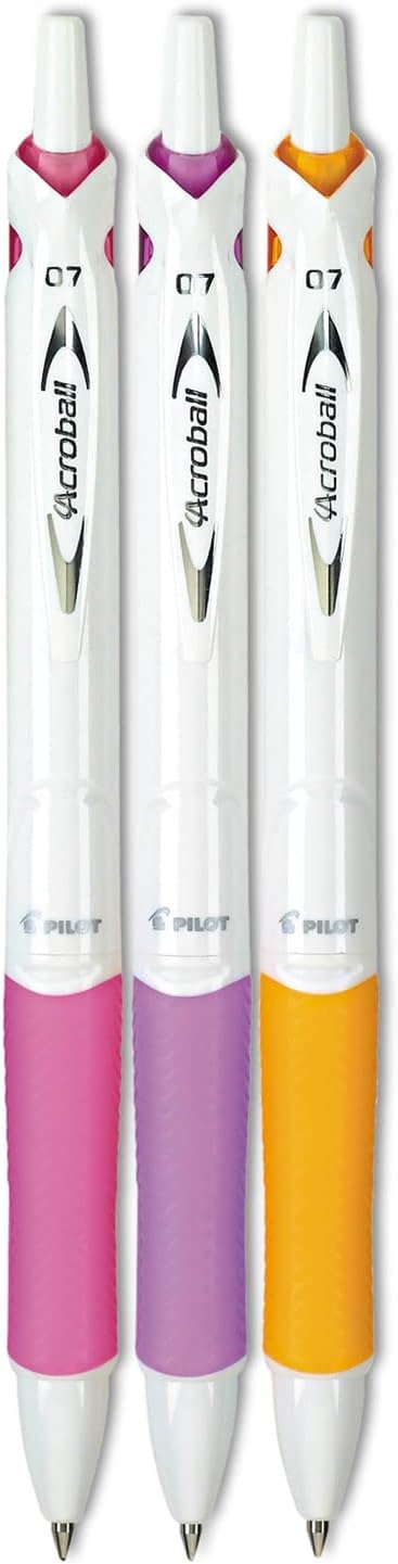 PILOT Acroball PureWhite Advanced Ink Refillable & Retractable Ball Point Pens with Pink/Purple/Orange Inks Accents, Fine Point, Black Ink, 3-Pack (31859)