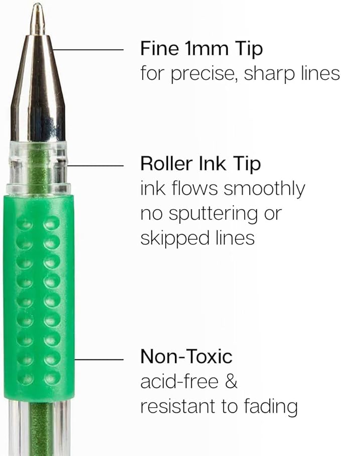 KINGART GLITTER Rollerball GEL PENS, 30 Sparkling Colors with Soft-Grip Comfort, XL Ink Cartridge - For Coloring, Doodling, Scrapbooking, Journaling and General Use, All Ages, 30 Pens