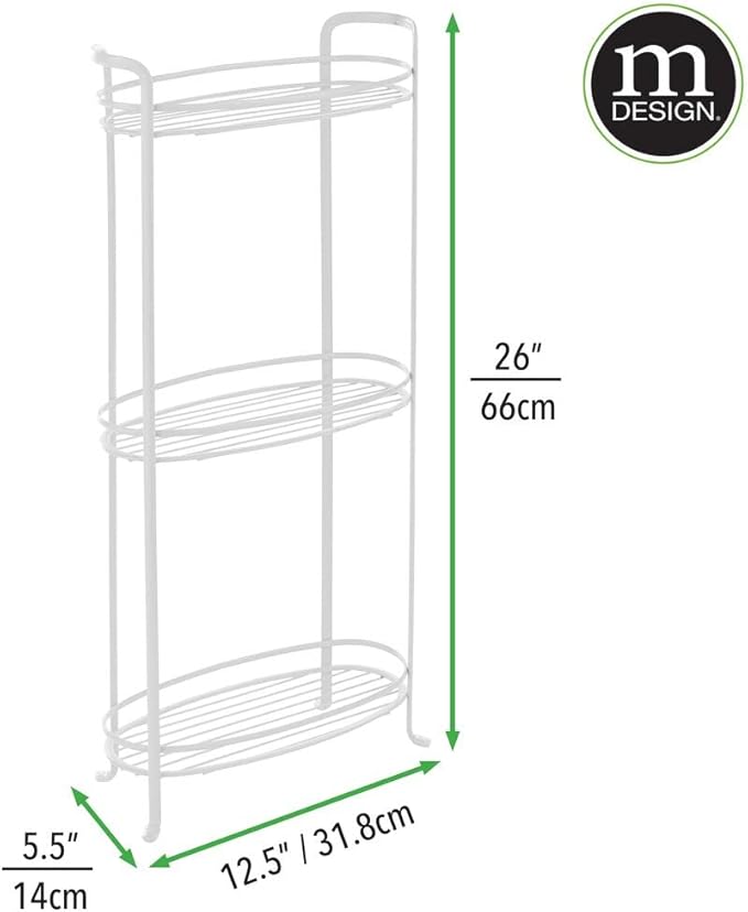 mDesign 3 Tier Vertical Standing Bathroom Shelving Unit, Decorative Metal Storage Organizer Tower Rack with 3 Basket Bins to Hold and Organize Bath Towels, Hand Soap, Toiletries - White