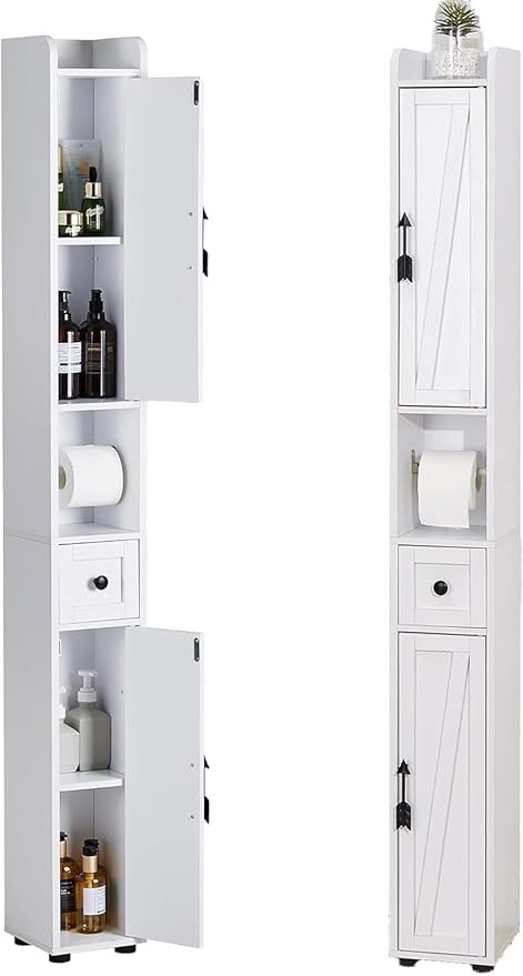 VECELO Narrow Bathroom Storage Cabinet with Adjustable Shelves, 67" Tall Freestanding Cabinet with Toilet Paper Holder, Slim Tower Cabinet with Two Magnetic Doors & Drawer, for Small Spaces, White