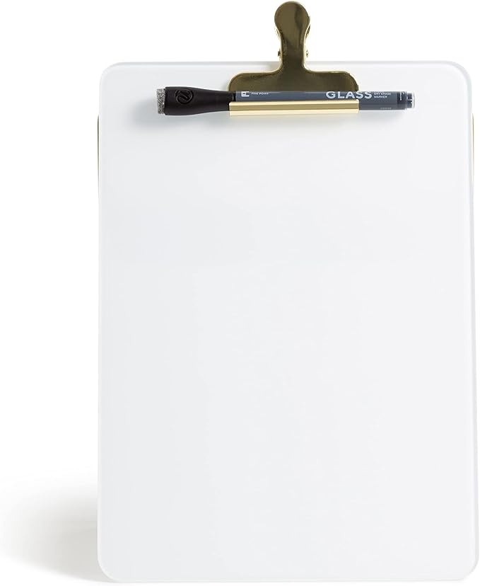 U Brands Glass Dry-Erase Desktop Easel, Tempered Glass, Gold Metal Stand, Removable Clip