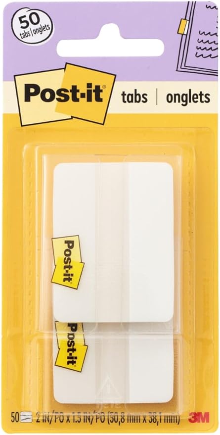 Post-it Tabs, 2 inches, Solid White, On-The-Go Dispenser, 50 Tabs per Pack (686F-50WH) | 2 Pack