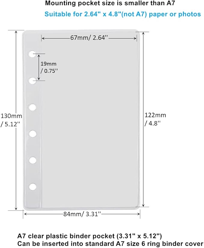 12 Pack A7 Size Clear Sheet Protectors 2.6 x 4.8 Inch Plastic Sleeves Page Protectors Top Loading Paper Protector for 6 Ring Binders, Acid-Free, Archival Safe for Documents and Photos