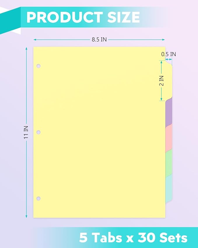 Dynta 3 Ring Binder Dividers with 5 Tabs Bulk 150 Pcs/30 Sets 8.5 x 11 Inches, Letter Size, 5 Colors Durable Paper 3 Hole Punch Index Divider for Kids, Women, Students