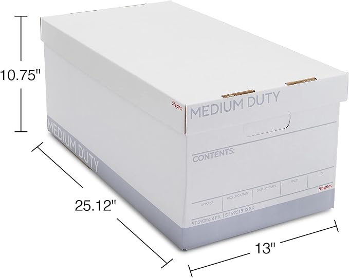 STAPLES Storage & Filing Box, Medium-Duty with Handles & Removeable Lid, Letter Size Documents, Stackable, 12-Pack, White/Gray