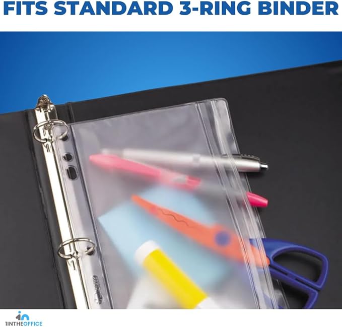 1IntheOffice Clear Pencil Pouch for 3 Ring Binder, Ring Binder Pockets with Zipper, Vinyl, 6 Pack