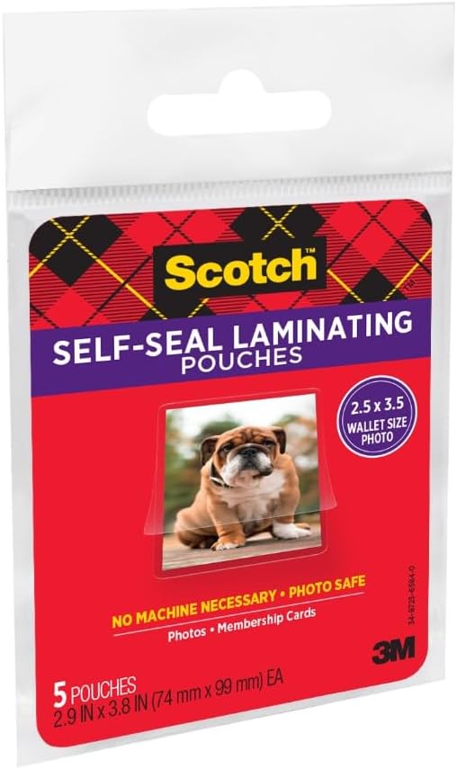 Scotch Self-Sealing Laminating Pouches, Gloss Finish, Wallet Size 2.5″ x 3.5″, 6 Packs of 5 (30 Total) – No Laminator Needed, Photo-Safe Clear Protective Sheets