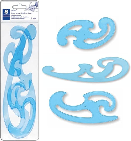 STAEDTLER Mars Professional French Curve Design Ruler Set for Pattern Making, 3 Essential A B C Shapes, Blue Transparent Plastic with Inking Edge