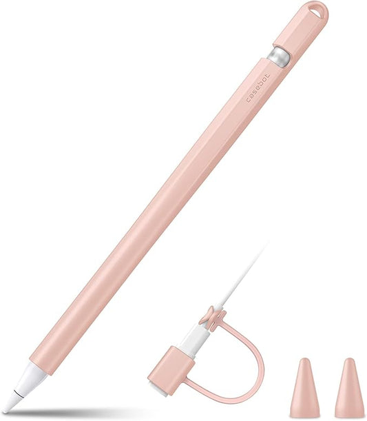 Fintie Silicone Sleeve Compatible with Apple Pencil 1st Generation, Ultra Light Pen Skin Case Cover Soft Protective Pencil Grip Holder with 2 Nib Covers & Cable Adapter Tether, Pink Sand