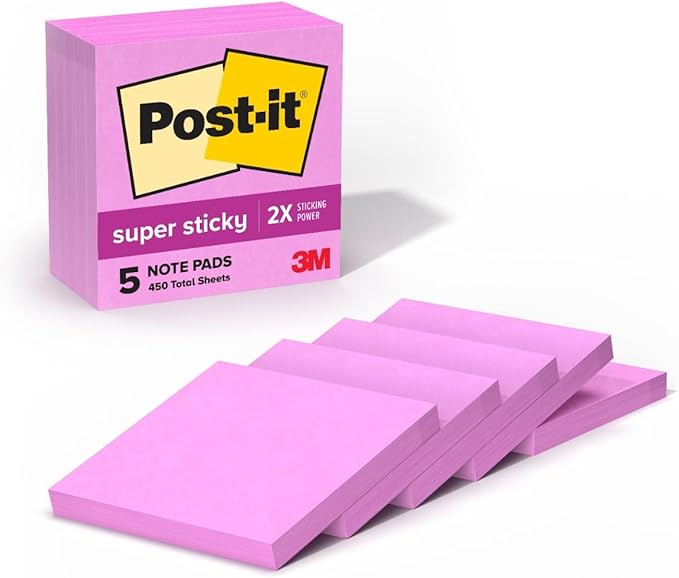 Post-it Super Sticky Notes, 5 Sticky Note Pads, 3 x 3 in., Ideal for Organization in Your Dorm, Home or Office, Single Color Packs Collection, Tropical Pink