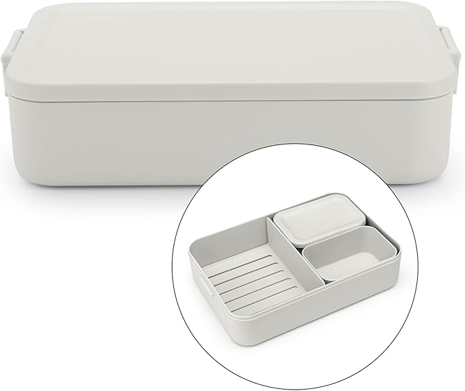 Brabantia Make & Take Bento Lunch Box (Light Gray) 2 Compartments & Lidded Pot, Lift-Out Tray Divider, BPA-Free, Airtight Snap Locks, Microwave & Freezer Safe, Travel Meal Prep Container