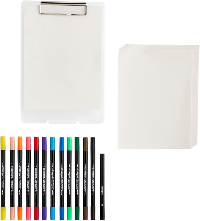 KINGART Studio Marker Set with Drawing Board Case, 30 Pcs, Twin-Tip Markers, Drawing Board with 16 Sheets