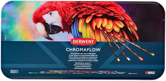 Derwent Chromaflow Pencils, Set of 150 in Tin, 3.5mm Round Core, Premium Core Strength, Blendable with Smooth Texture, Ideal for Drawing, Coloring & Layering, Professional Quality (2306263)