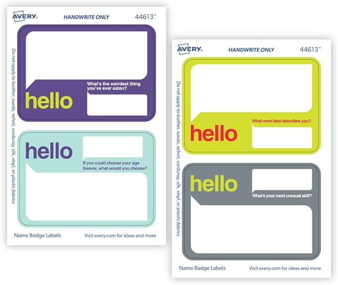 Avery Premium Event Name Tags, Ice Breaker Questions, No Lift No Curl, 36 Handwriteable Name Stickers