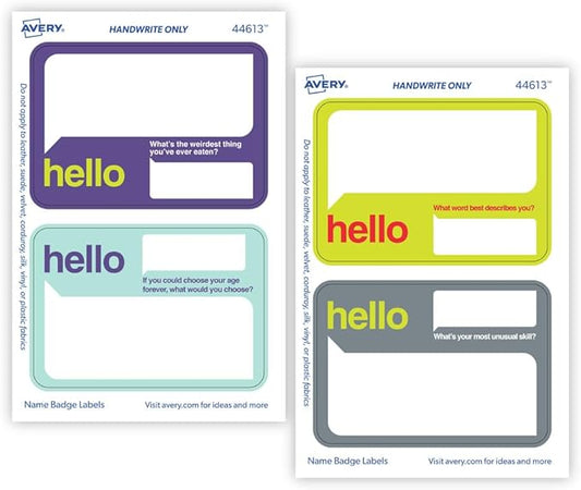 Avery Premium Event Name Tags, Ice Breaker Questions, No Lift No Curl, 36 Handwriteable Name Stickers