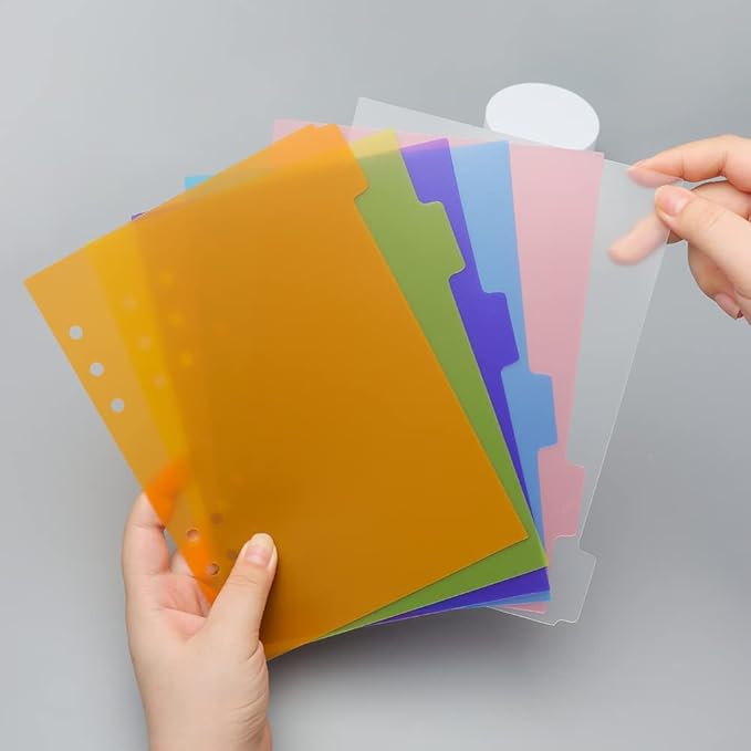 2 Pack A5 Binder Dividers 6 Tabs Bright Color Plastic Binder Index Tabs Planner Divider for Round Ring Binder Sheet Protector (Transparent, 12 Dividers)