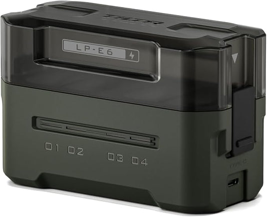Tilta LP-E6 Portable Charging Station | Charge 4 Batteries w/USB-C PD 45W Fast Charge | Safe for EOS R5 Mark II, R6 Mark II, R7, R6, R5, R, 5D Mark IV, 6D, 7D Mark II, 90D, 80D, 70D, 60D | Green