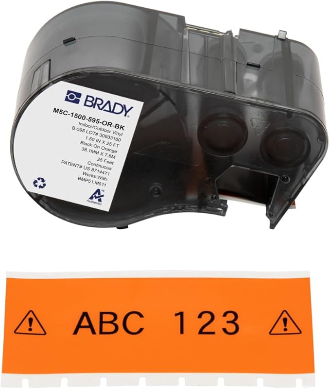 Brady Authentic (M5C-1500-595-OR-BK) All-Weather Vinyl Labels 1.5 in W x 25ft Black on Orange. for use with BMP51, M510, and M511 Label Printers.