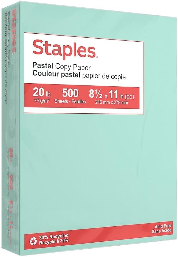 Staples Pastel Color Copy Paper, 20 lbs., 8.5" x 11", Turquoise, 500 Sheets/Ream