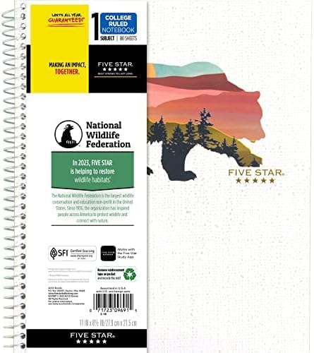 Five Star and National Wildlife Federation Spiral Notebook + Study App, 1 Subject, College Ruled Paper, 11" x 8-1/2", 80 Sheets, Forest Bear, 1 Count (820088FM) (Pack of 12)