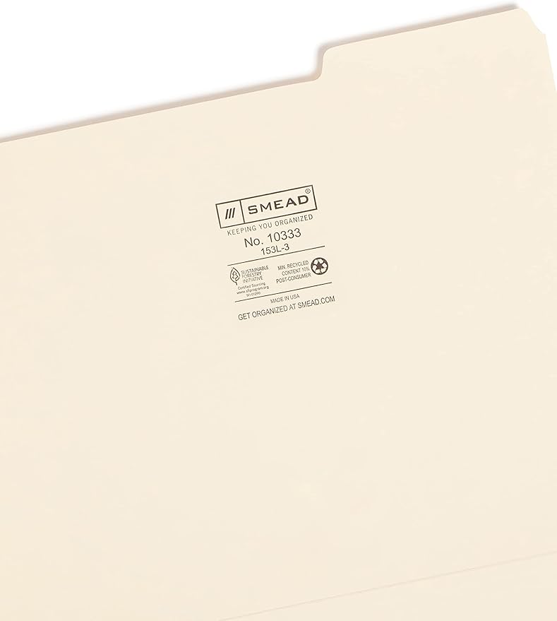 Smead File Folder, 1/3-Cut Tab Right Position, Letter Size, Manila, 100 Per Box (10333)