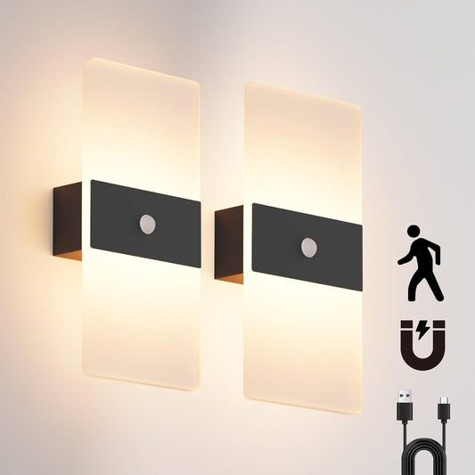 Wireless Motion Sensor Indoor Wall Sconces Set of 2, Morden Battery Acrylic LED Wall Lantern, Cordless Decorative Wall Lamps for Porch Patio Hallway Bedroom Living Room(Black)