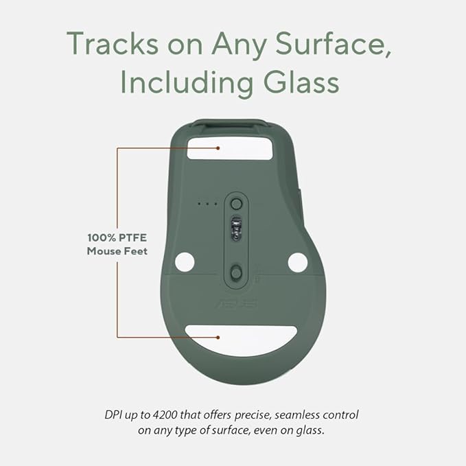 ASUS Wireless SmartO Mouse Silent Plus – Dual Mode (BT/2.4GHz), up to 3 Devices, Ergonomic, 4200 DPI, AA Battery Lasts up to 1 Year, Quiet Switches, Portable, for Productivity/Gaming - Green Tea Latte