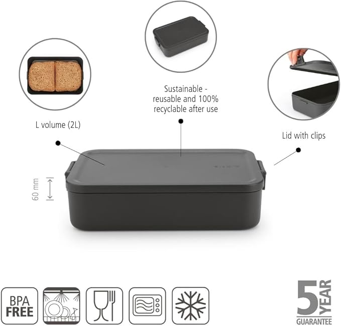 Brabantia Make & Take Large Lunch Box (Dark Gray) BPA-Free, Airtight Snap Locks, Microwave & Freezer Safe, Travel Meal Prep Container