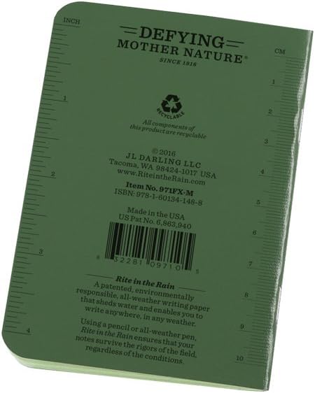 Rite in the Rain Weatherproof Mini Stapled Notebook, 3.25" x 4.625", Green Cover, Universal Pattern, 3 Pack (No. 971FX-M)