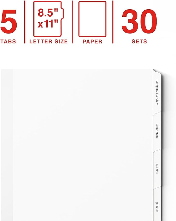 Staples Print‑On Label Dividers, 5‑Tab, White, Customizable Printable Tabs, Letter Size, Organize Binders & Projects, 30 Sets