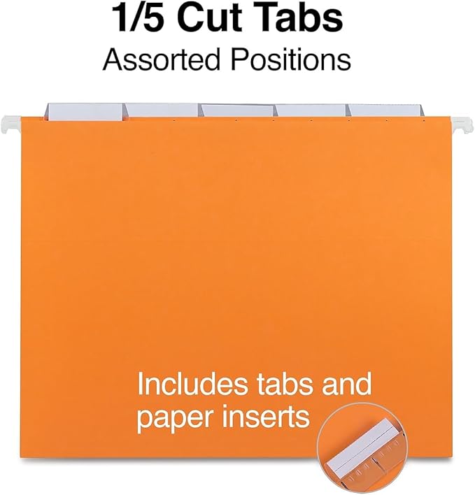 Staples Hanging File Folders, Letter Size, 1/5‑Cut Tabs, Assorted Colors, Adjustable Tabs with Paper Inserts – 25/Pack