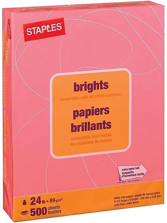 Staples Brights 24 Lb. Colored Paper Pink 500/Ream, For Everyday Use at Home or Office