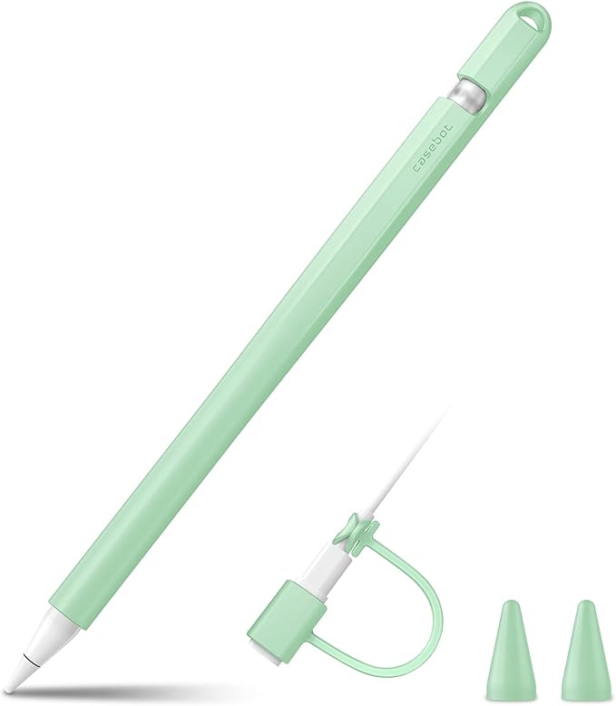 Fintie Silicone Sleeve Compatible with Apple Pencil 1st Generation, Ultra Light Pen Skin Case Cover Soft Protective Pencil Grip Holder with 2 Nib Covers & Cable Adapter Tether, Green