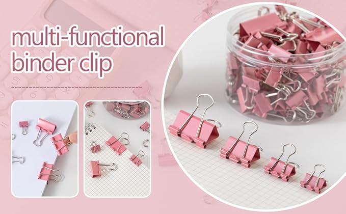 Binder Clip Paper Clamps, Assorted Sizes (Mini, Small, Medium, Large), 100 Pcs Clips for Office School Supplies (Pink)