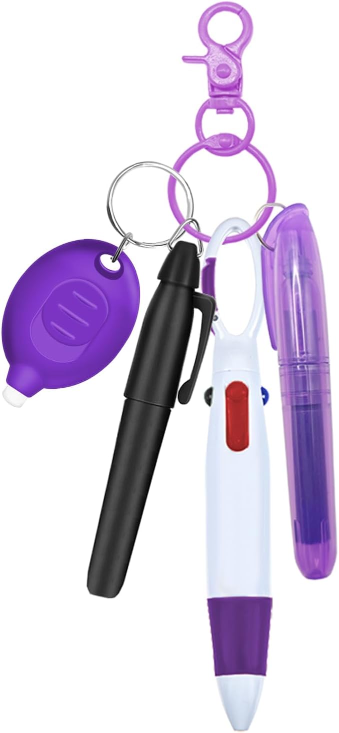 Nurse Pen Set, Badge Reel Pen Include Highlighter, Permanent Marker, LED Keychain Flashlight, Ballpoint Pen, and Nursing Keychain Clip (Purple)