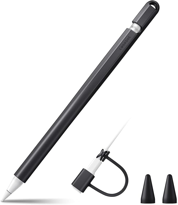 Fintie Silicone Sleeve Compatible with Apple Pencil 1st Generation, Ultra Light Pen Skin Case Cover Soft Protective Pencil Grip Holder with 2 Nib Covers & Cable Adapter Tether, Black