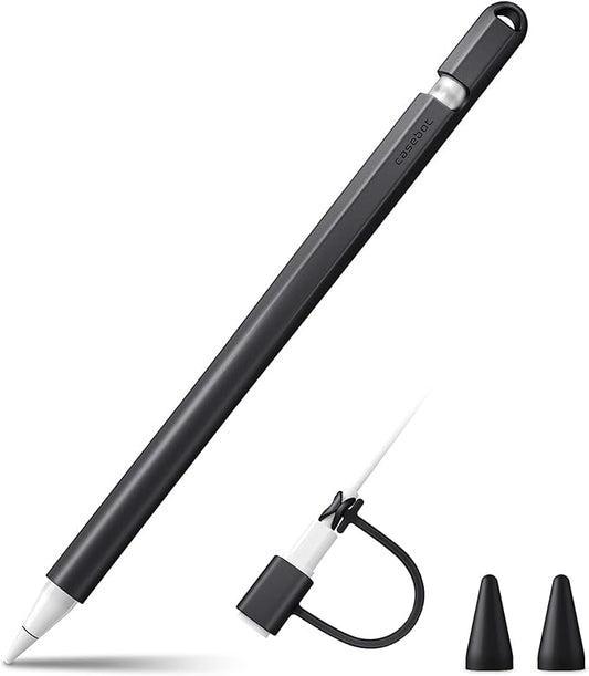 Fintie Silicone Sleeve Compatible with Apple Pencil 1st Generation, Ultra Light Pen Skin Case Cover Soft Protective Pencil Grip Holder with 2 Nib Covers & Cable Adapter Tether, Black