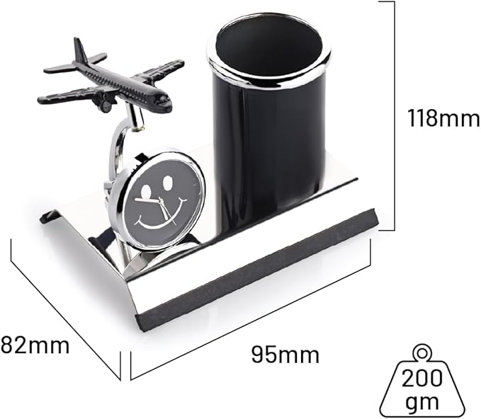Aeroplane Miniature Metal Pen Stand With Clock, Stylish Stationary Desk Organizer, Pencil Holder, Elegant Corporate Gift Set, Durable Decorative Showpiece For Office