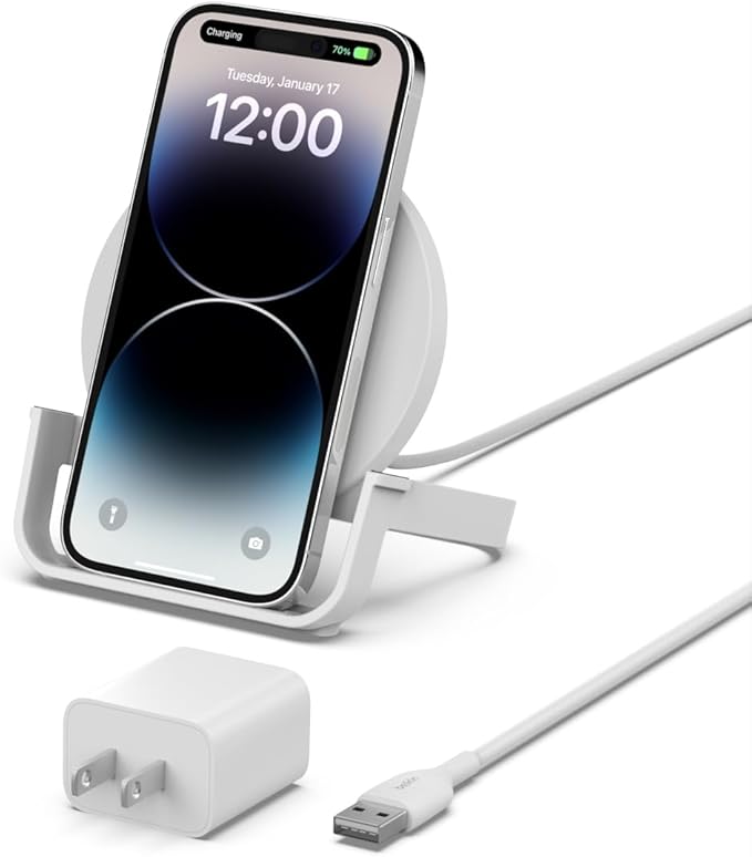 Belkin Quick Charge 10W Wireless Charger - Qi-Certified Charger Stand for iPhone, Samsung Galaxy - Charge While Listening to Music, Streaming Videos, & Video Calling - Includes AC Adapter - White