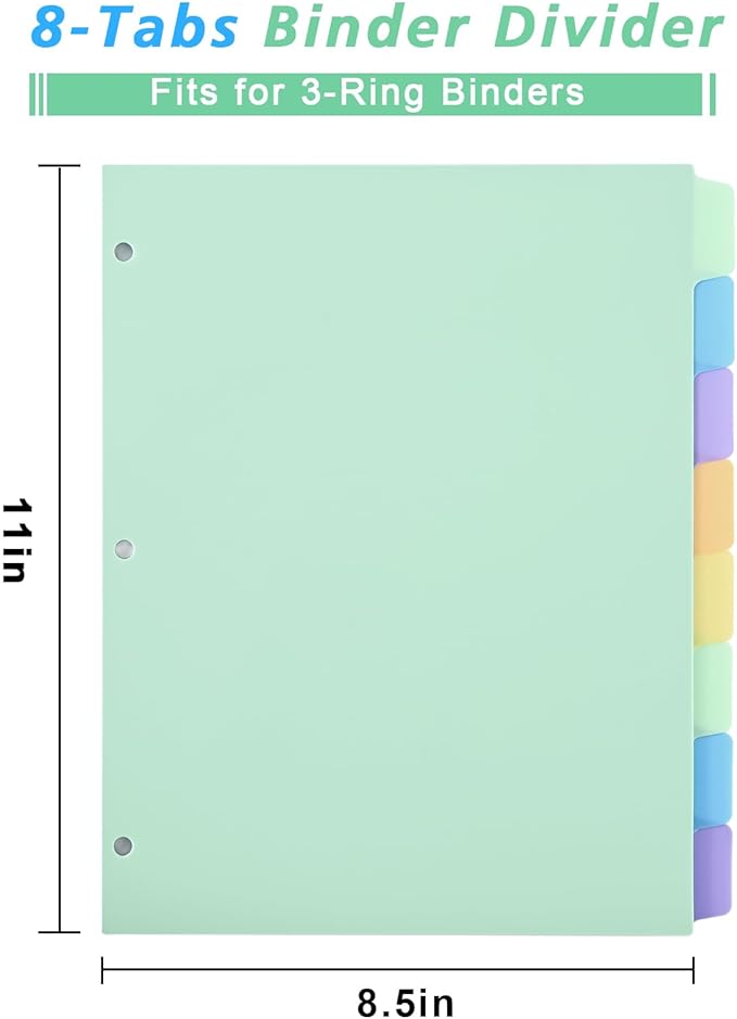 8-Tab Binder-Dividers with Tabs, Write & Erase Divider Tabs for 3 Ring Binders with 3 Holes 8 Pastel Colors, 16pcs, (8 Tabs-2 Pack)
