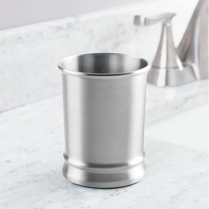 mDesign Modern Stainless Steel Bathroom Cup, Toothbrush Holder, Countertop Tumbler Cup for Rinsing and Drinking, Accessories and Makeup Brush Organizer for Vanity, Elwyn Collection, Brushed/Chrome