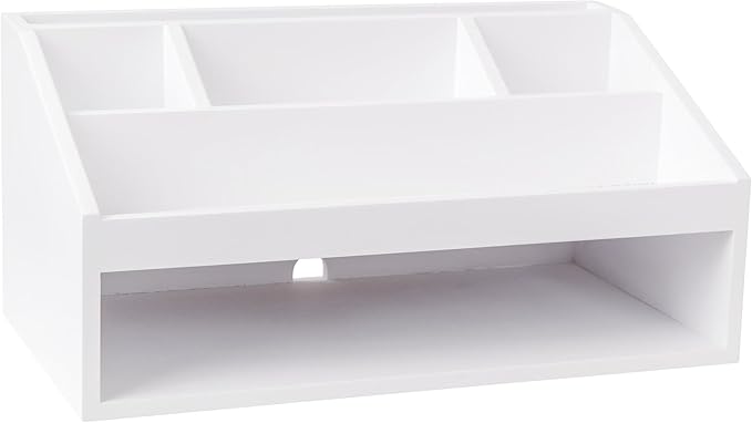 Martha Stewart Weston Wooden Desktop Organizer with Open Lower Storage Compartment, Engineered Wood Multipurpose Storage Caddy, White