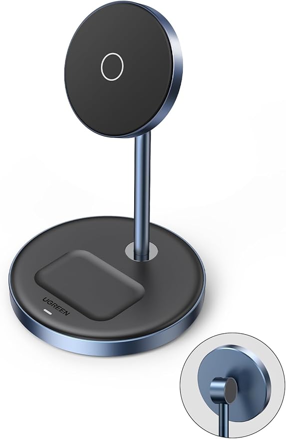 UGREEN MagFlow 2-in-1 Magnetic Wireless Charging Stand Fast Wireless Charger for iPhone 17 16 15 14 13 12 Series and AirPods, MagSafe Compatible Qi Charging Stand with 3 FT USB-C Cable (No AC Adapter)