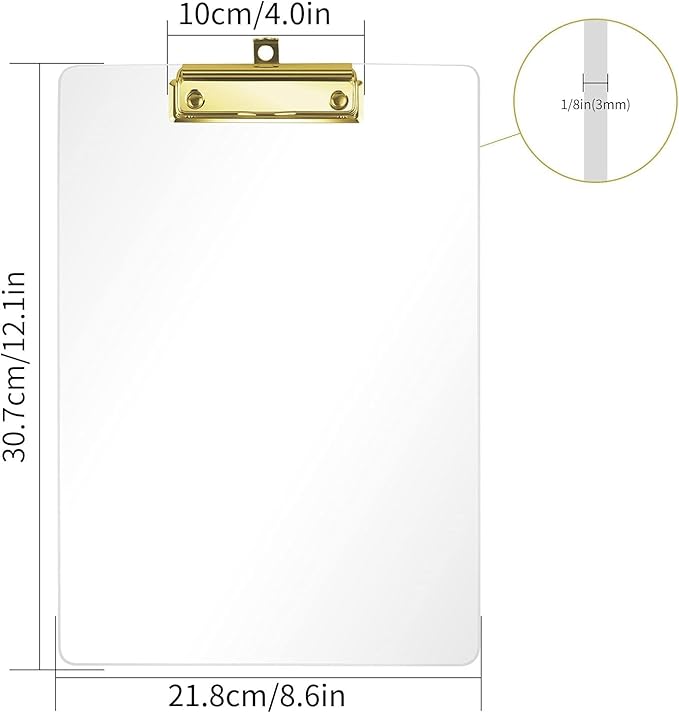 Honagu Acrylic Clear Clipboards, 8.5x11 Plastic Clipboard with Gold Strong Clip Hidden Hanging Hole, A4 Letter Size Clipboards for Nurses Doctors, Art Student, Teachers,School & Office Supplies, 3PC