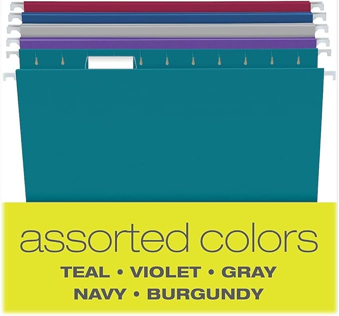 Pendaflex Recycled Hanging File Folders, Letter Size, Assorted Jewel-Tone Colors, Two-Tone for Foolproof Filing, 1/5-Cut Tabs, 25 Per Box (81667)