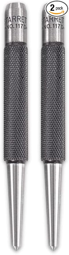 Starrett Steel Center Punch with Round Shank and Knurled Finger Grip - Hardened and Tempered Steel, 4" Length, 5/32" Diameter Tapered Point - 117D (Pack of 2)