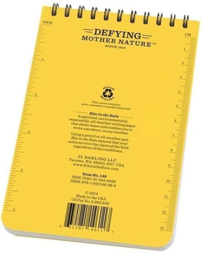 Rite in the Rain Weatherproof Top Spiral Notebook, 4" x 6", Yellow Cover, Universal Pattern (No. 146)