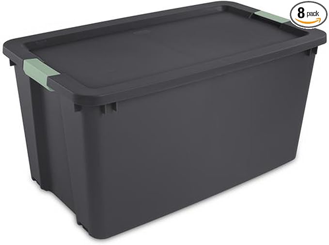 Sterilite 8 Pack 45 Gallon Wheeled Latch Tote, Stackable Plastic Storage Bin, Gray/Green