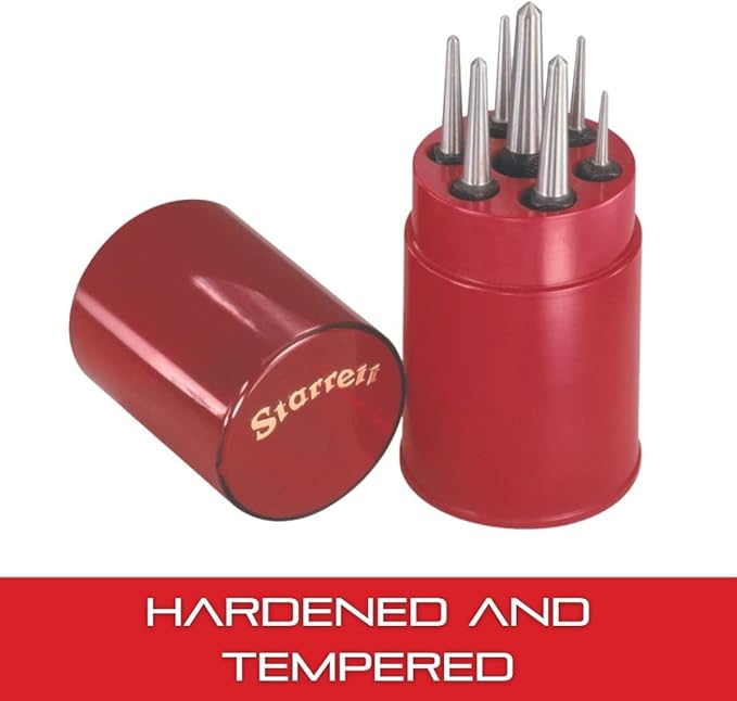 Starrett Steel Center Punch with Square Shank Set and Knurled Finger Grip - Hardened and Tempered, 7-Piece Kit for Accurate Marking and Easy Handling - S264WB